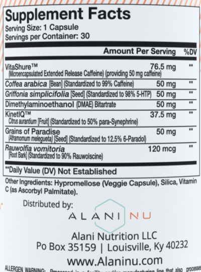 Alani Nu ingredients label